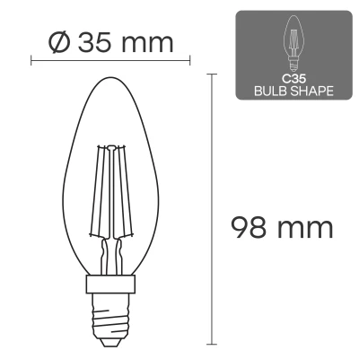 LED Filamenta spuldze E14, C35, 4W, 520lm, 3000K, 360°